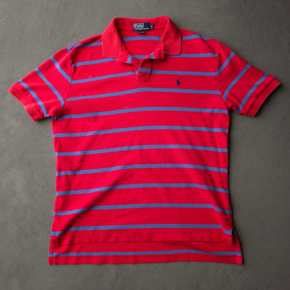 Vintage 90s Polo Ralph Lauren Polo Shirt Large Red Blue Striped Short Sleeve